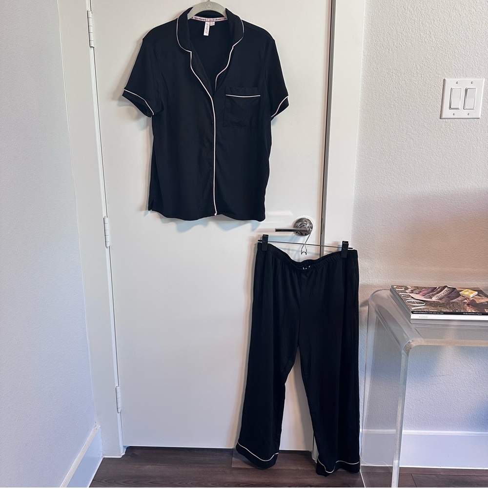Black Pajama Set with Pink Piping